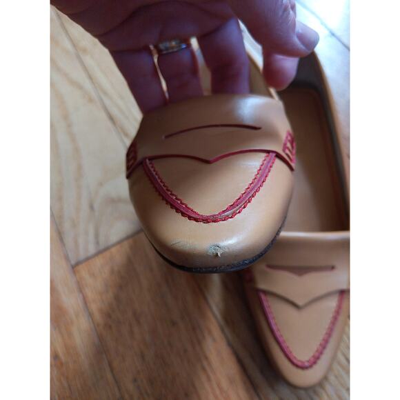 Tod's Tan Leather Driving Loafers Red Stitching Made Italy Size 5 Luxury - Picture 4 of 11